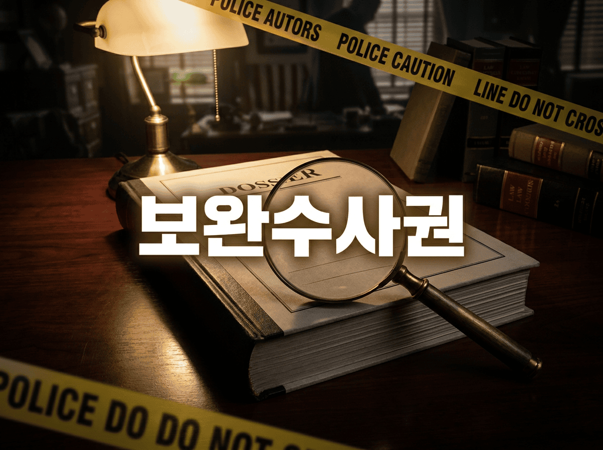 보완수사권과 검경 수사권 조정의 핵심 개념을 상징하는 법률 서류와 돋보기 3D 일러스트