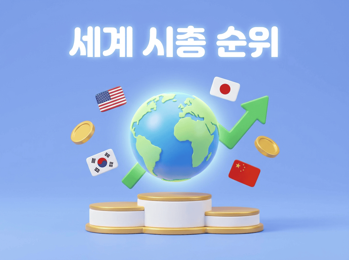 2026년 8월 기준 미국, 한국, 일본, 중국 등 글로벌 세계 시가총액 순위 TOP 20을 보여주는 3D 일러스트 이미지