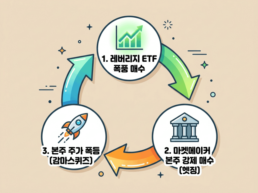  레버리지 ETF 매수가 마켓메이커 본주 매수와 주가 폭등으로 이어지는 사이클 인포그래픽