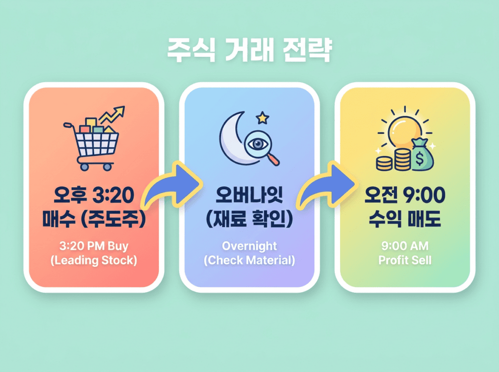 3시 20분 매수, 오버나잇, 9시 매도로 이어지는 종가베팅 3단계 매매 흐름 인포그래픽