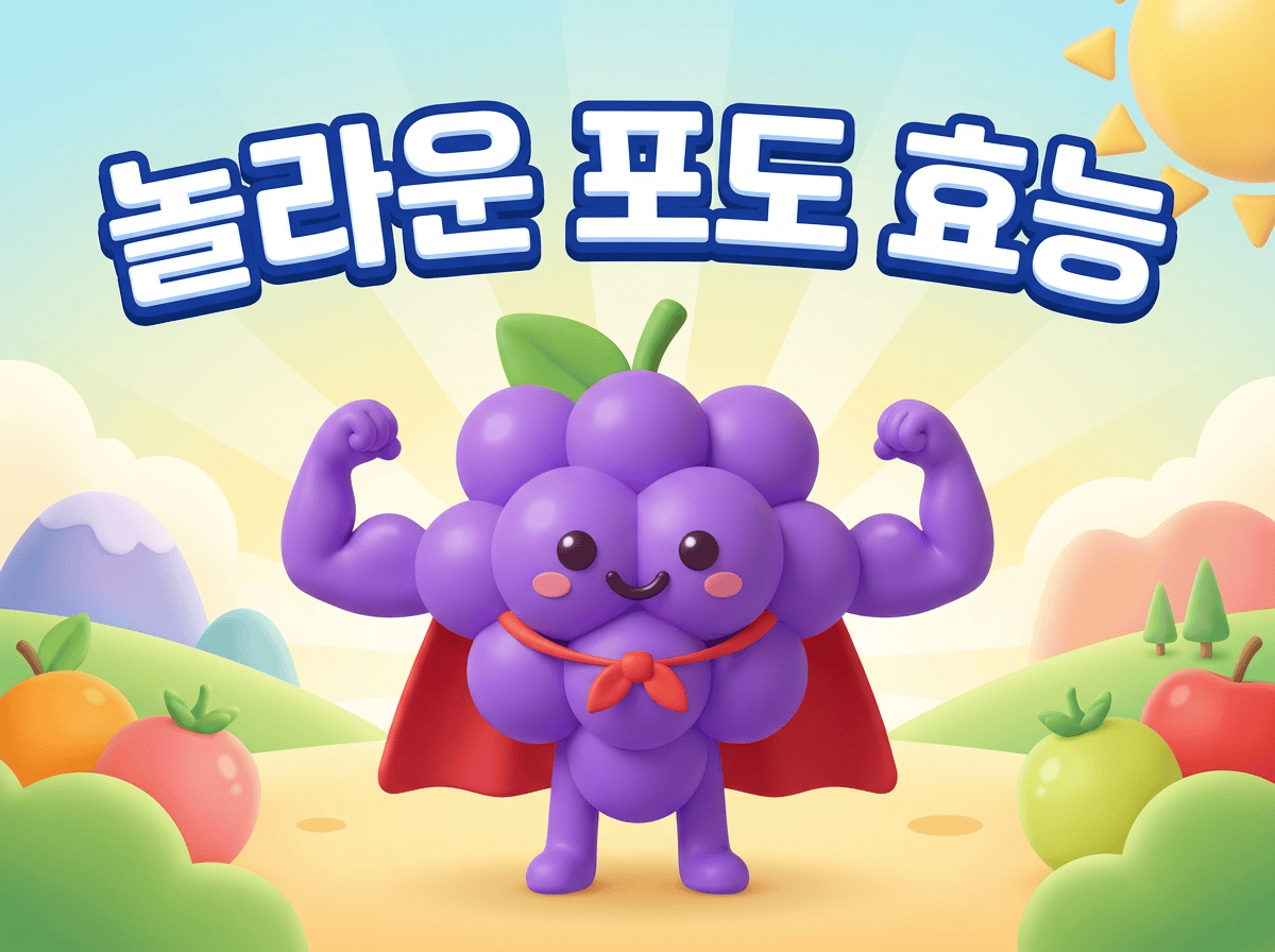피로 회복과 노화 방지에 탁월한 포도 효능을 설명하는 슈퍼히어로 포도 캐릭터 일러스트