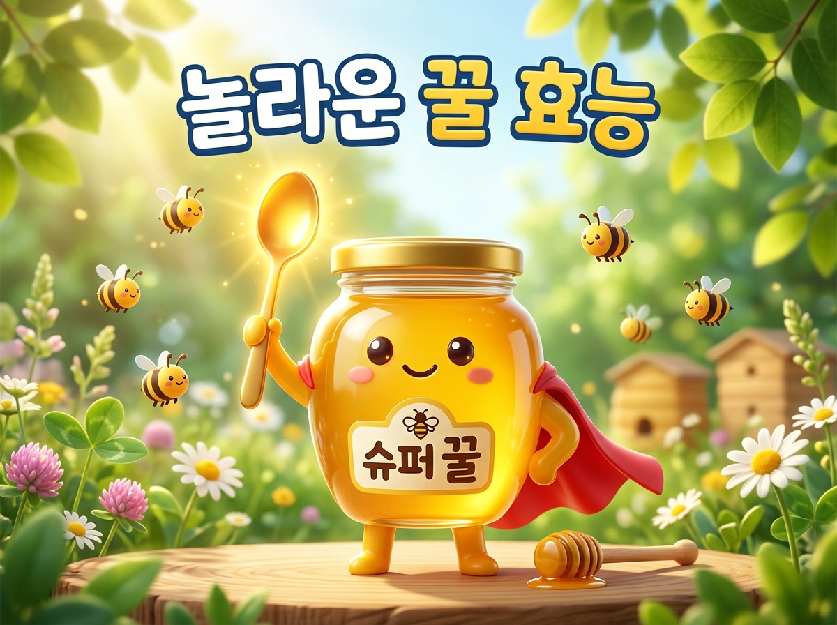 천연 피로회복제와 면역력 강화제로 불리는 놀라운 꿀 효능을 슈퍼히어로 망토를 두른 귀여운 꿀단지 3D 캐릭터로 표현한 일러스트