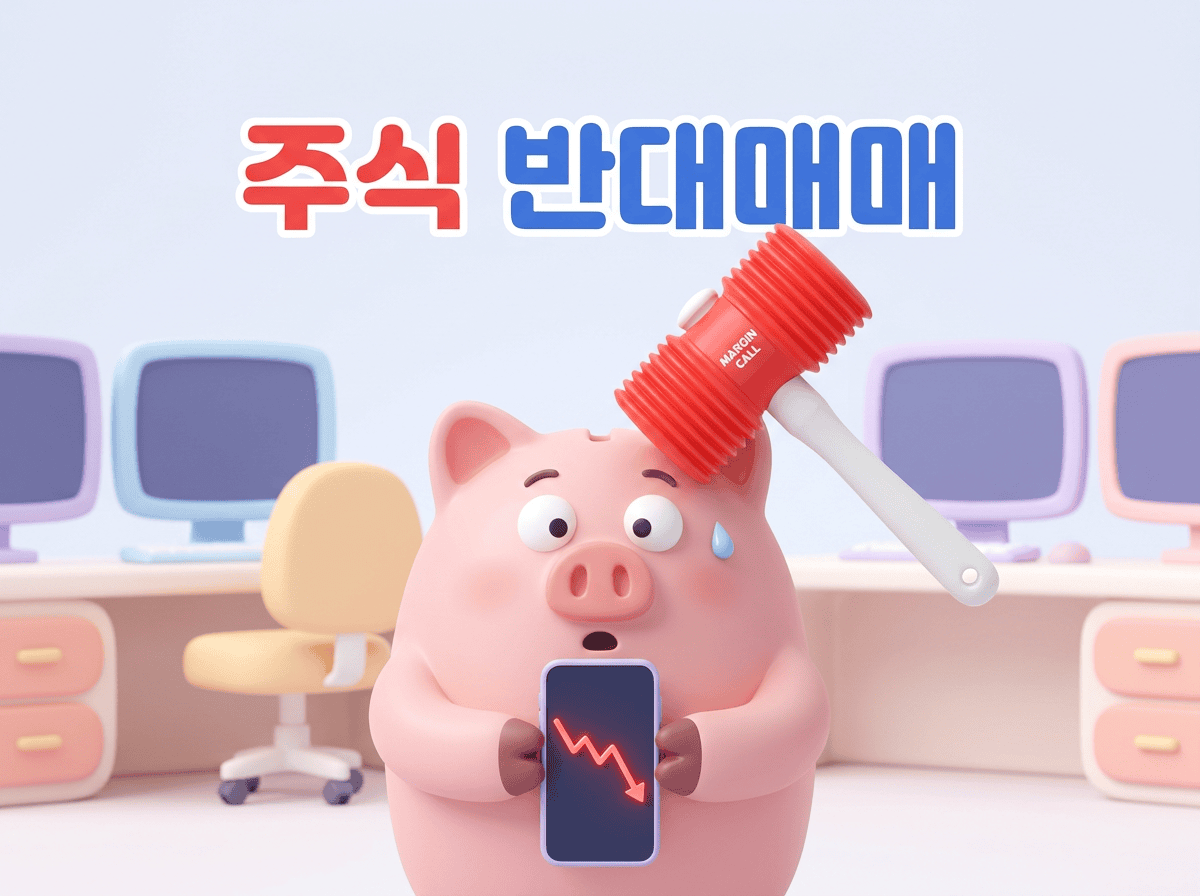 주가가 폭락하여 스마트폰을 보고 놀라는 돼지저금통과 그 위로 떨어지는 붉은색 망치를 통해 주식 반대매매의 위험성을 귀엽게 표현한 3D 일러스트
