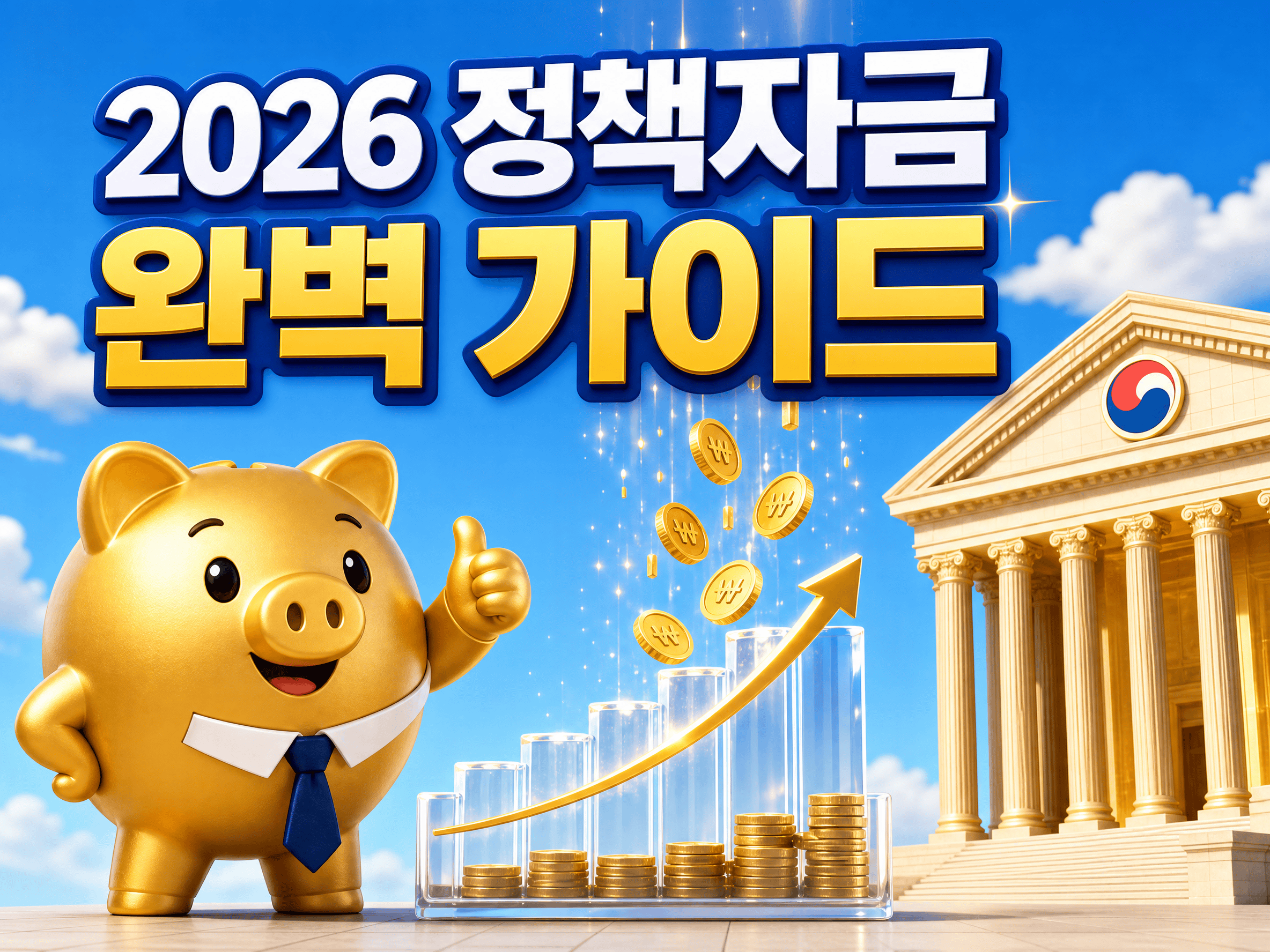 스마트한 넥타이를 맨 황금 돼지저금통과 상승하는 그래프로 정부 지원금 및 정책 자금을 통한 사업 성공을 표현한 3D 일러스트