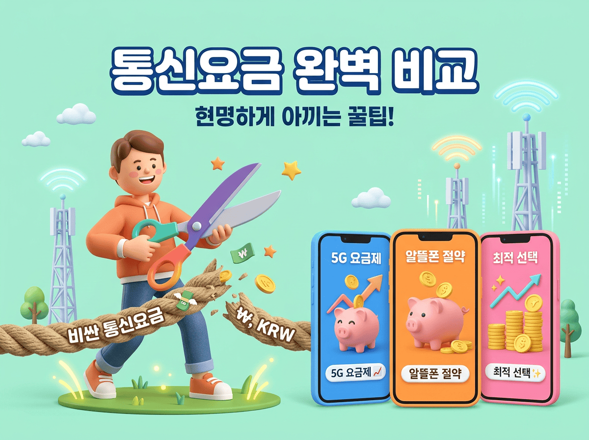 무거운 통신비 밧줄을 가위로 자르는 캐릭터와 황금 돼지저금통이 있는 스마트폰으로 데이터 통신요금 비교를 통한 절약을 표현한 3D 일러스트