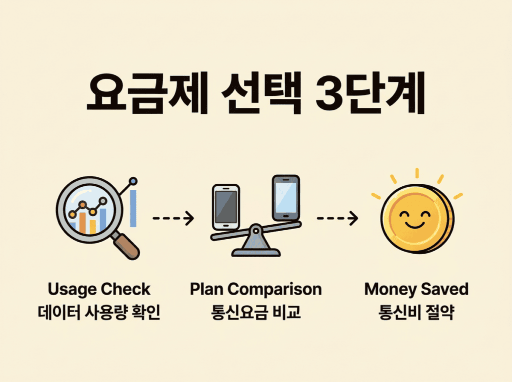데이터 사용량 확인, 요금제 저울질, 통신비 절약이라는 데이터 통신요금 비교 선택 3단계를 보여주는 직관적인 인포그래픽
