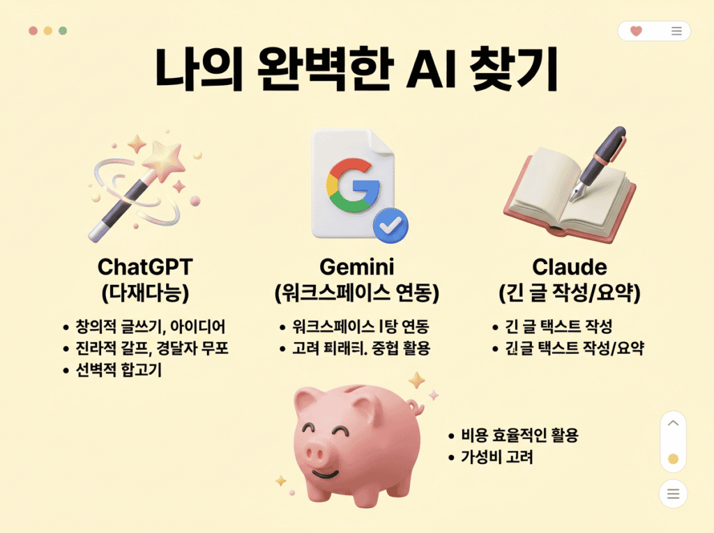 챗GPT, 제미나이, 클로드의 특징을 요술봉, 문서, 펜과 책으로 비유하여 현명한 AI 구독요금 비교와 절약을 설명하는 인포그래픽