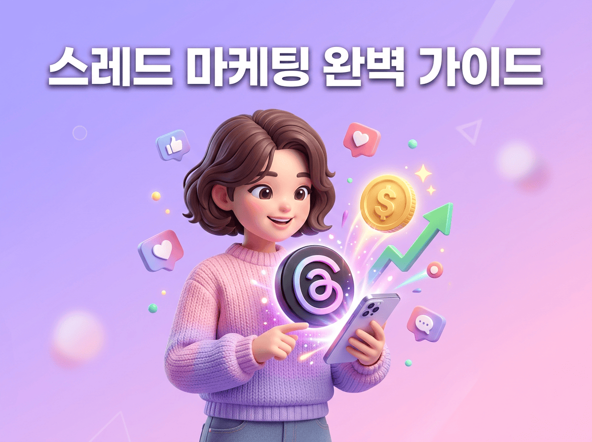 스마트폰에서 빛나는 스레드 로고와 상승 화살표, 동전이 튀어나오며 알고리즘 노출과 수익화를 상징하는 스레드 마케팅 썸네일 3D 일러스트