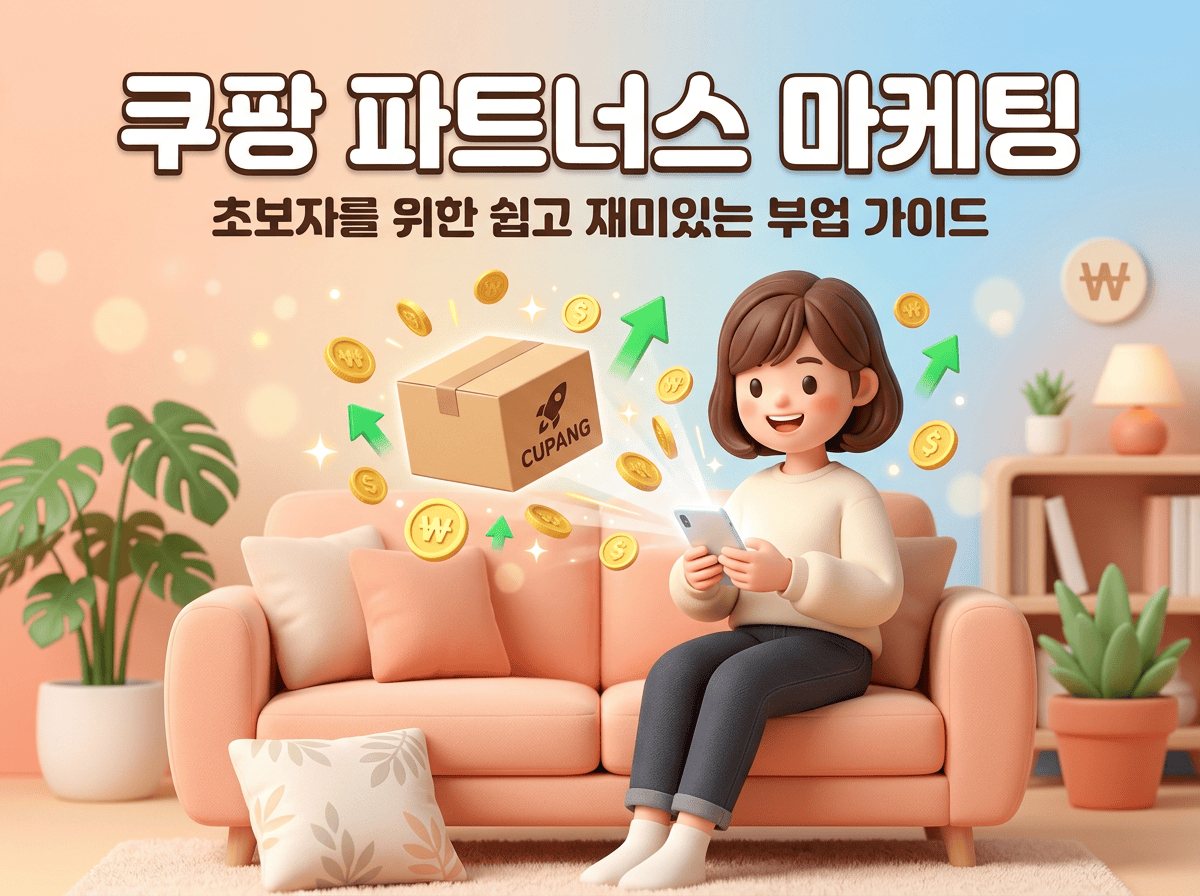 소파에 앉아 스마트폰을 보는 캐릭터 위로 택배 상자와 금화가 쏟아지며 자동 수익을 상징하는 쿠팡 파트너스 마케팅 썸네일 3D 일러스트
