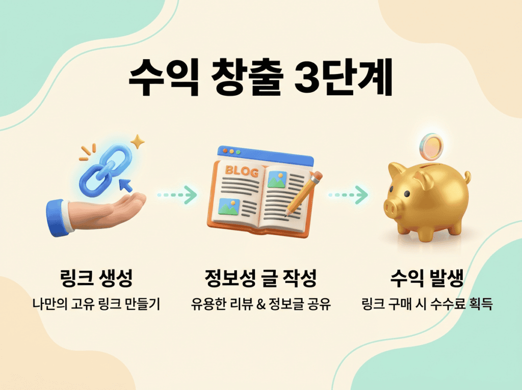 링크 생성, 정보성 글 작성, 수익 발생이라는 쿠팡 파트너스 마케팅 수익 창출 3단계를 보여주는 직관적인 3D 아이콘 인포그래픽