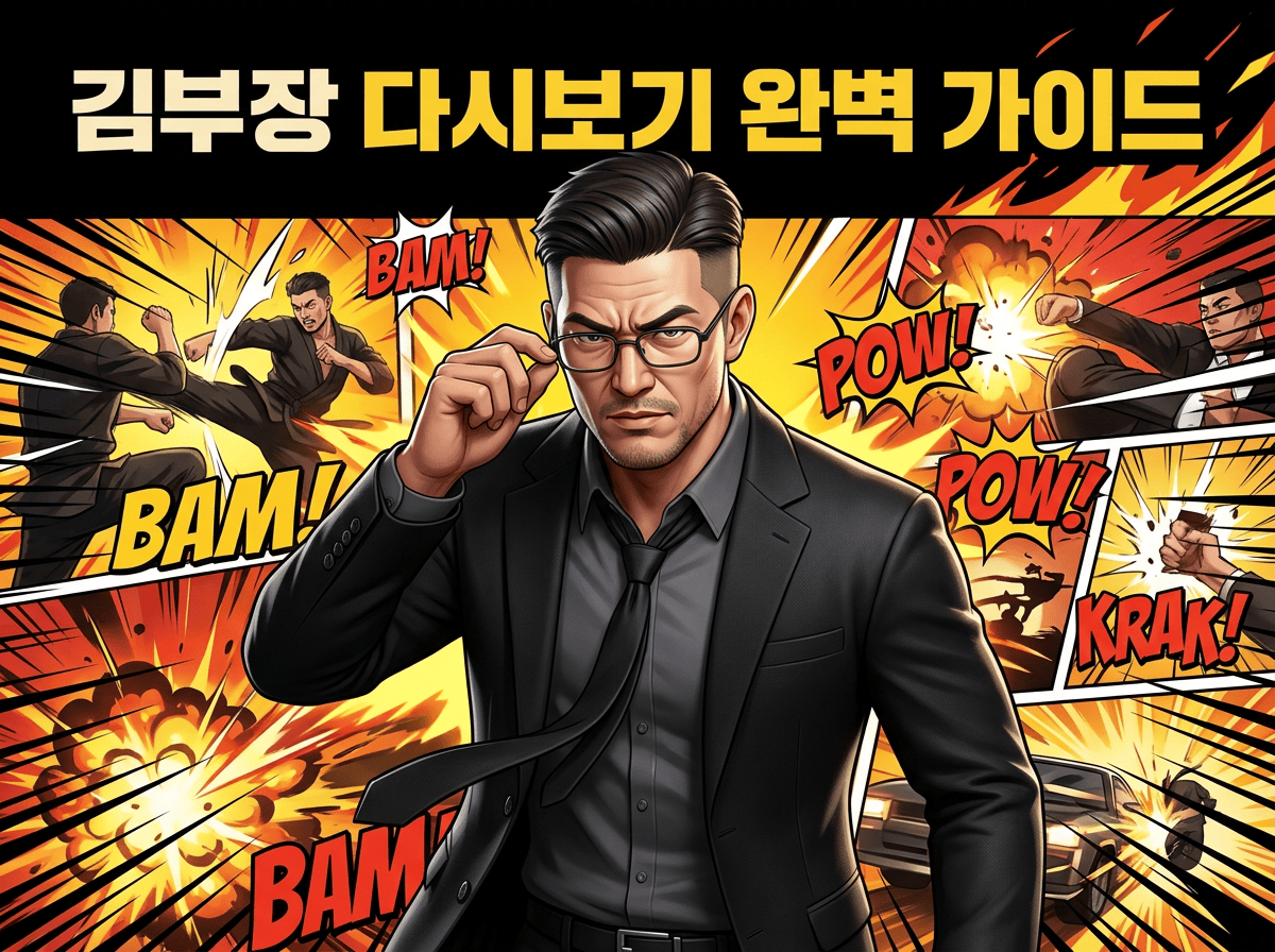 검은 정장을 입은 카리스마 넘치는 중년 비밀요원 아버지가 안경을 벗으며 액션을 준비하는 모습과 배경에 만화 컷이 터져 나오는 김부장 다시보기 웹툰 썸네일 3D 일러스트