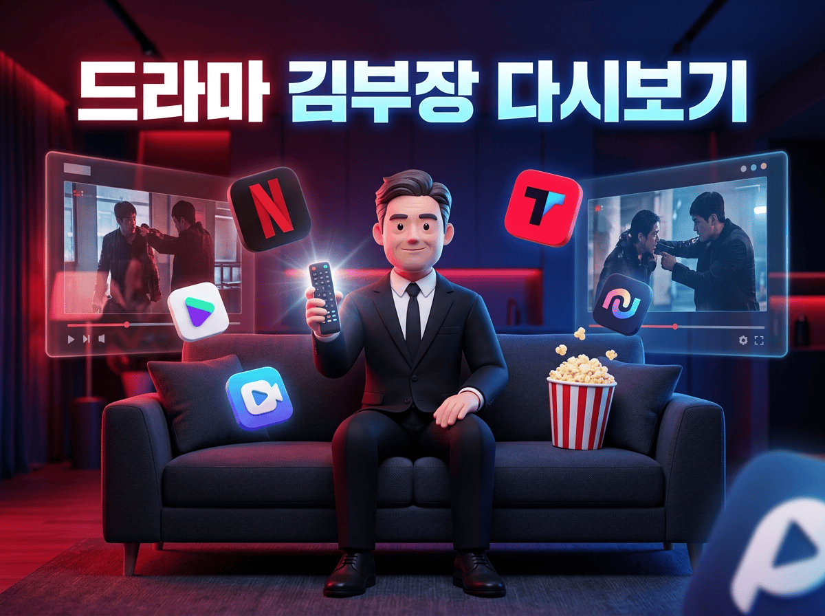 검은 정장을 입은 중년 남성 캐릭터가 소파에 앉아 TV 리모컨을 들고 있고 팝콘과 OTT 로고가 떠다니는 드라마 김부장 다시보기 썸네일 3D 일러스트