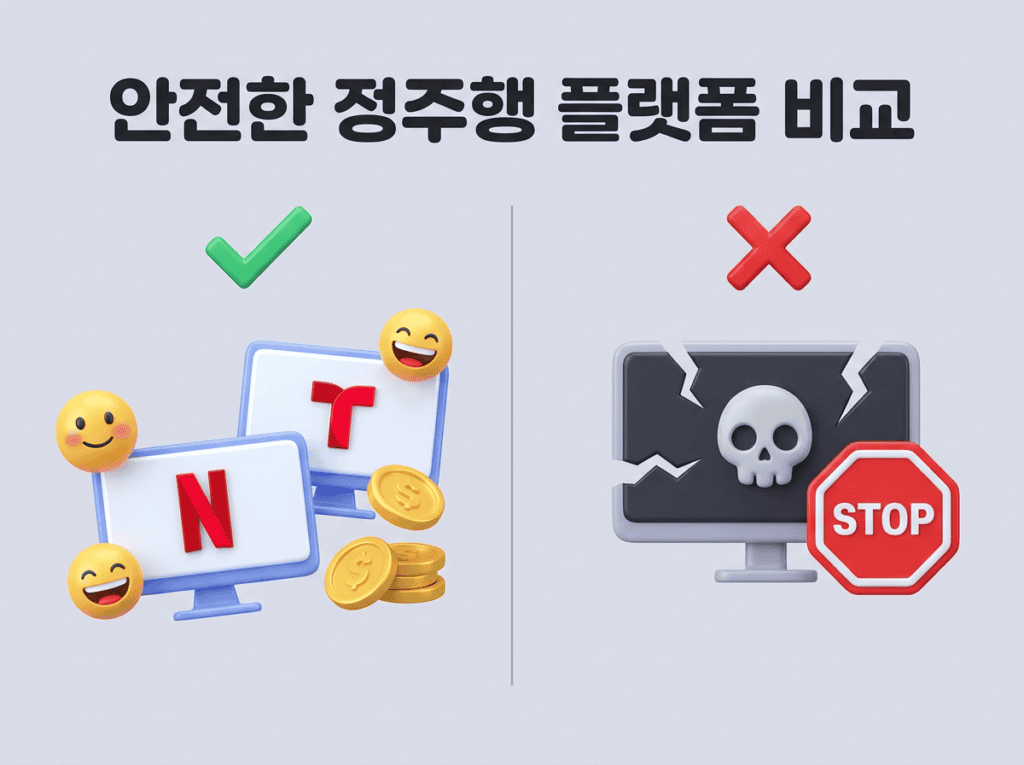 넷플릭스와 티빙 같은 공식 OTT 로고에는 긍정적인 체크 표시가 있고, 불법 사이트를 상징하는 해골 마크에는 빨간색 엑스 표시가 그려진 안전한 정주행 플랫폼 비교 3D 인포그래픽