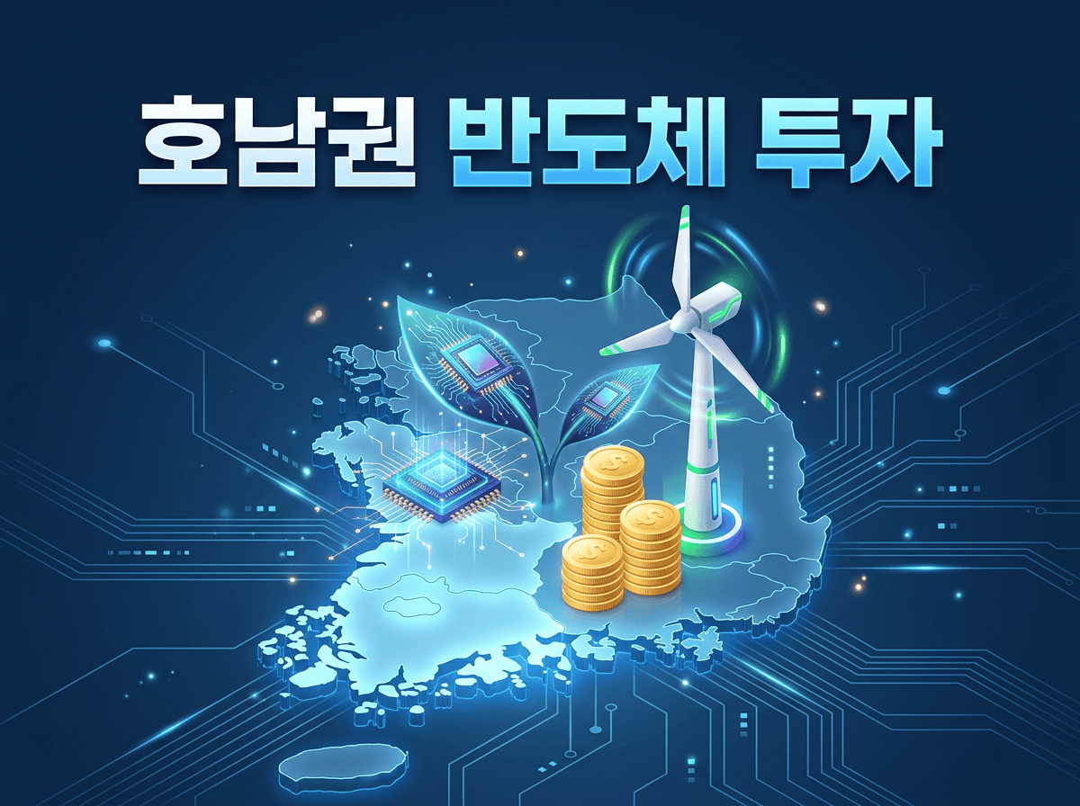 호남권 지도 위에 빛나는 반도체 칩과 황금 동전, 친환경 풍력 발전기가 솟아오르는 호남권 반도체 투자 경제 효과 3D 일러스트 썸네일