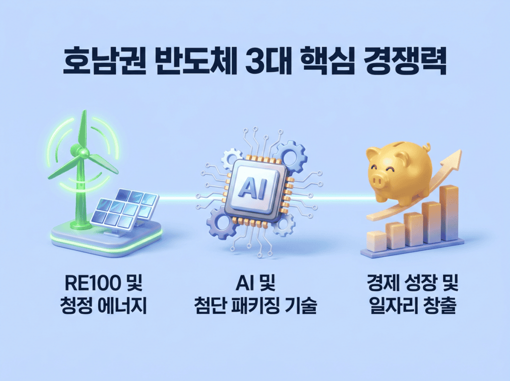 풍력발전기(RE100), AI 반도체 칩, 우상향 그래프 위의 황금 돼지저금통(경제성장)을 통해 호남권 반도체 투자의 3대 핵심 경쟁력을 알기 쉽게 보여주는 3D 인포그래픽