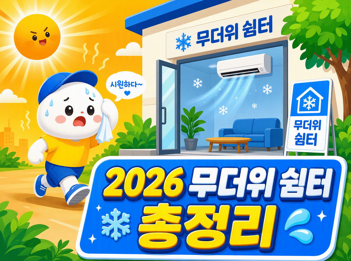 땀 흘리는 캐릭터가 시원한 2026년 무더위 쉼터를 발견하는 그림