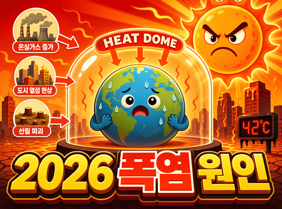 뜨거운 태양 아래 유리 돔에 갇혀 땀 흘리는 지구 캐릭터와 2026 폭염 원인 글자가 적힌 썸네일 이미지