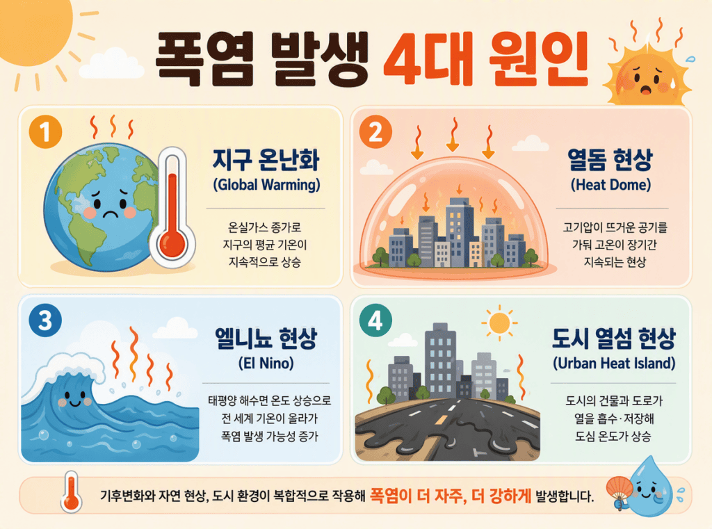 지구 온난화, 열돔 현상, 엘니뇨, 도시 열섬 현상 등 폭염 발생 4대 원인을 보여주는 인포그래픽