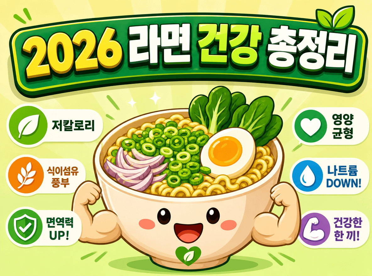계란과 파 등 건강한 재료가 듬뿍 들어가 근육을 뽐내는 귀여운 라면 그릇 캐릭터와 2026 라면 건강 총정리 글자가 적힌 썸네일