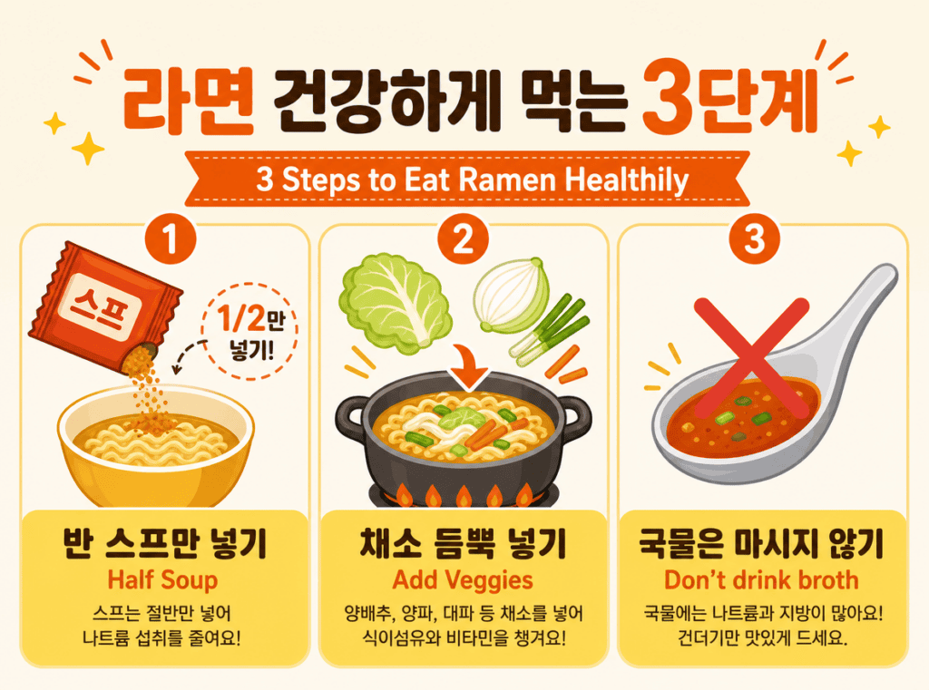수프 반만 넣기, 채소 추가하기, 국물 안 마시기 등 라면 건강하게 먹는 3단계 인포그래픽