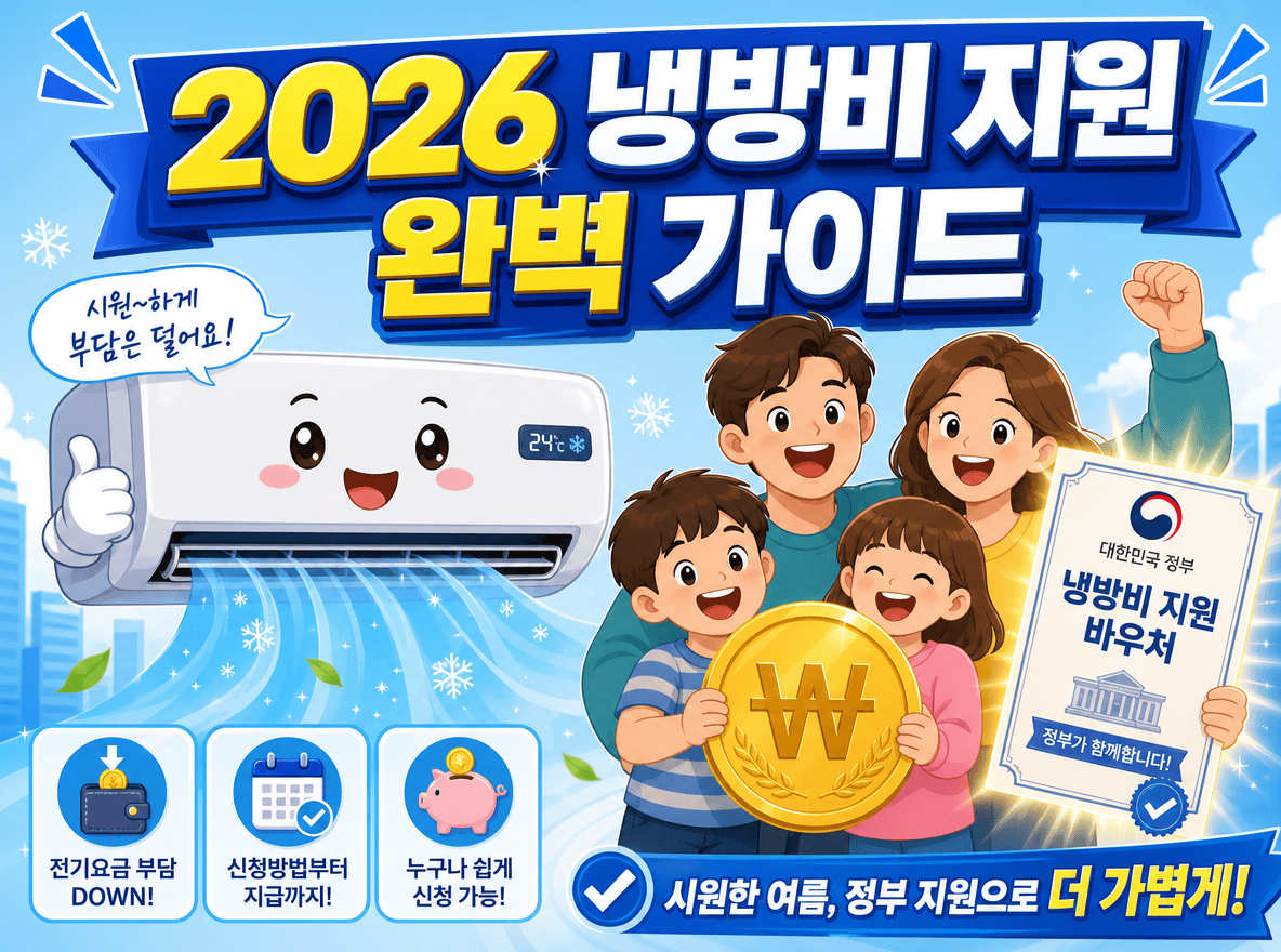 원한 바람을 뿜는 에어컨 캐릭터와 환호하는 가족, 그리고 2026 냉방비 지원 완벽 가이드 글자가 적힌 썸네일