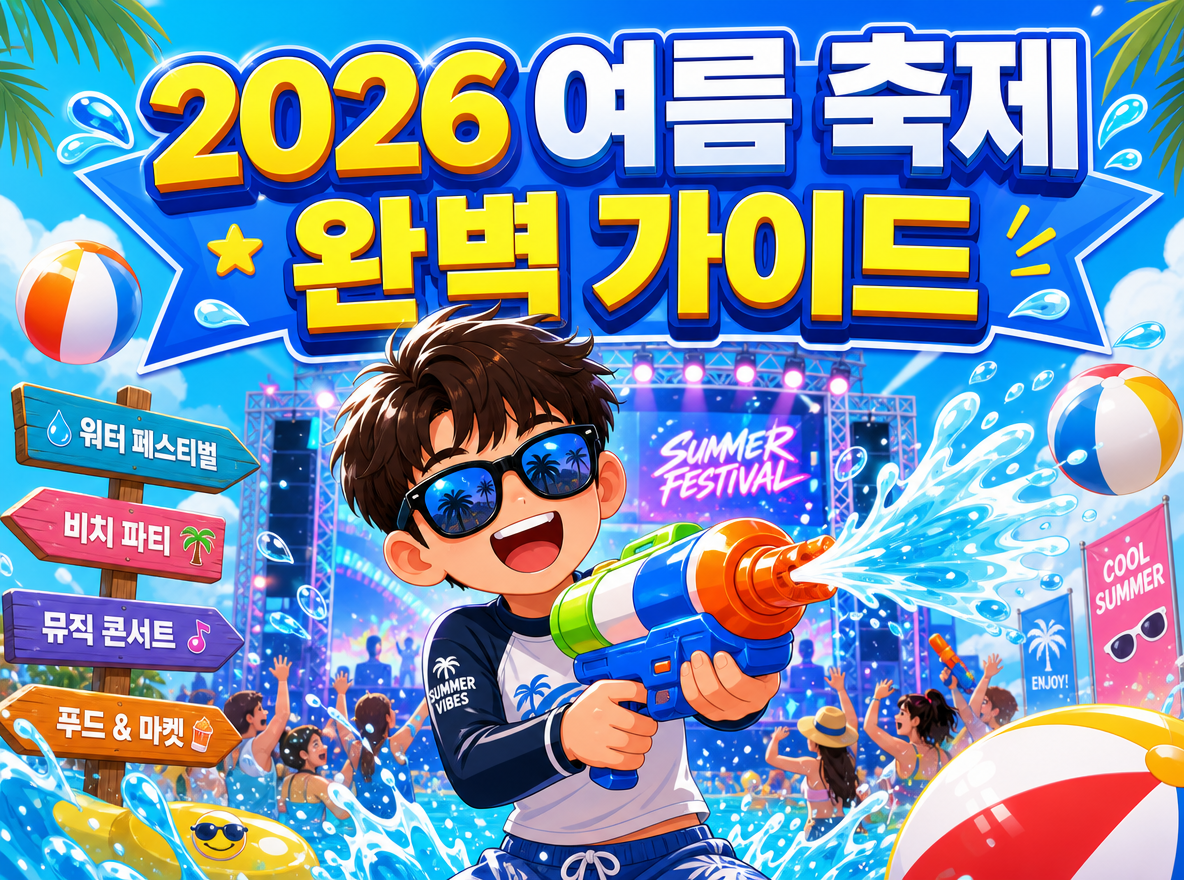 여름 축제 물총을 쏘며 즐거워하는 캐릭터와 물보라가 튀는 배경, 2026 여름 축제 완벽 가이드 글자가 적힌 썸네일