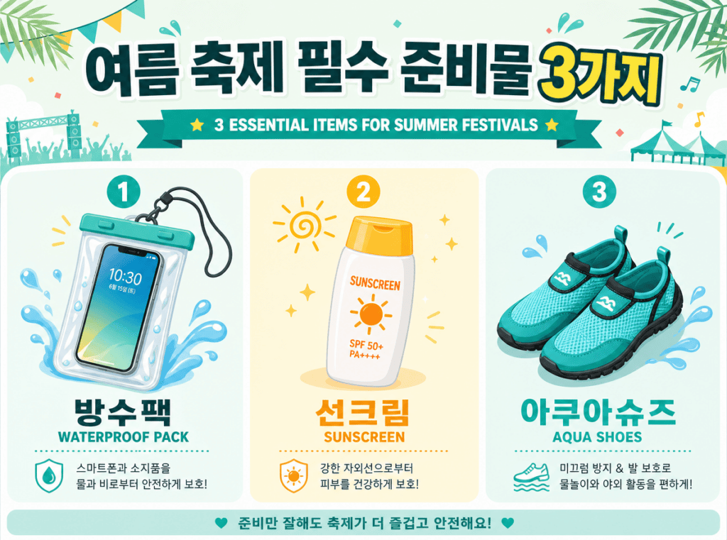 스마트폰 방수팩, 자외선 차단 선크림, 안전한 아쿠아슈즈 등 여름 축제 필수 준비물 3가지를 보여주는 인포그래픽