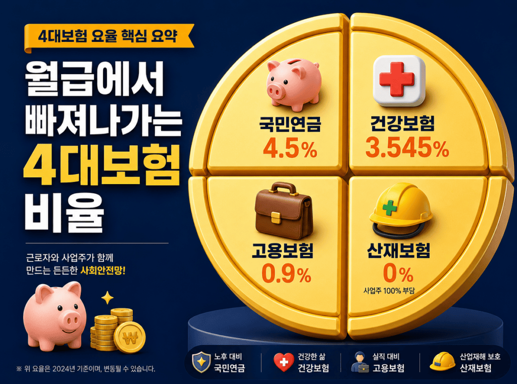  국민연금 건강보험 고용보험 산재보험 요율 및 4대보험 계산법 인포그래픽