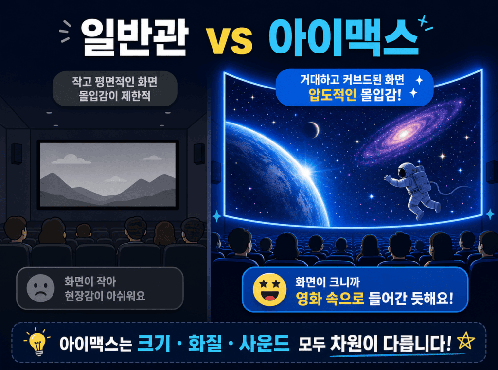 일반관과 아이맥스 스크린 크기 및 화질 비교 인포그래픽