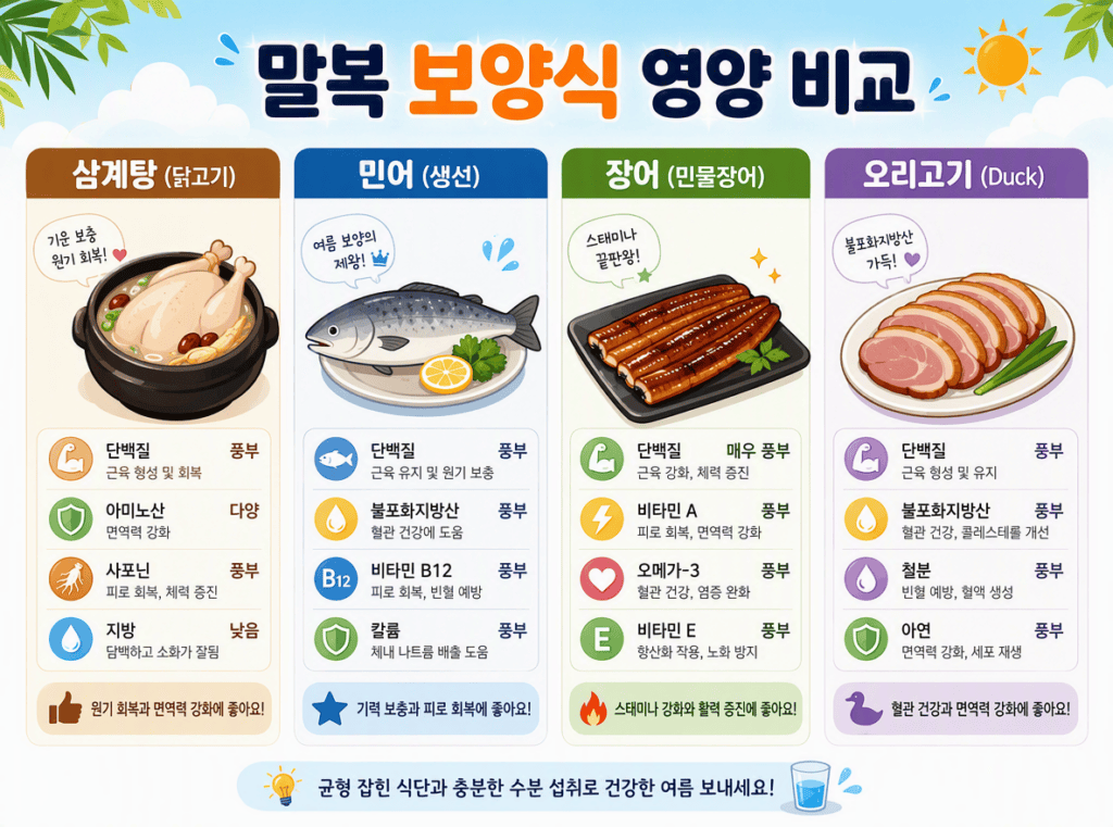 대표적인 말복에 먹는 음식 4가지 영양 비교 인포그래픽