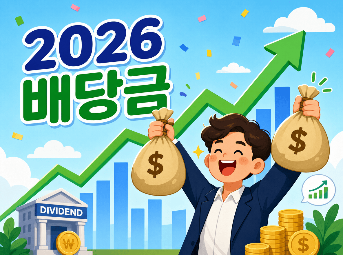 2026년 주주배당금 상승을 기대하며 돈주머니를 들고 기뻐하는 투자자 일러스트레이션