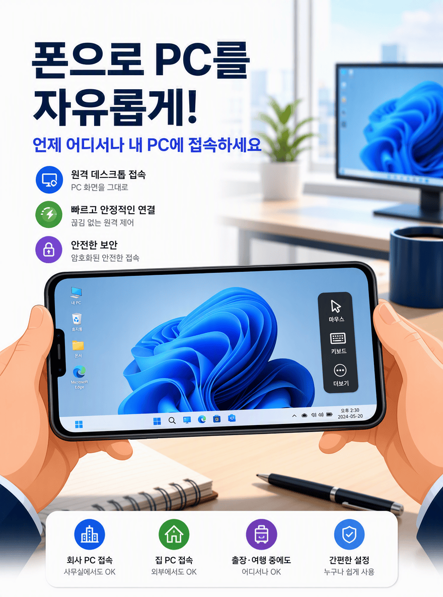 스마트폰으로 PC 화면을 제어하는 크롬 원격 데스크톱 활용 모습